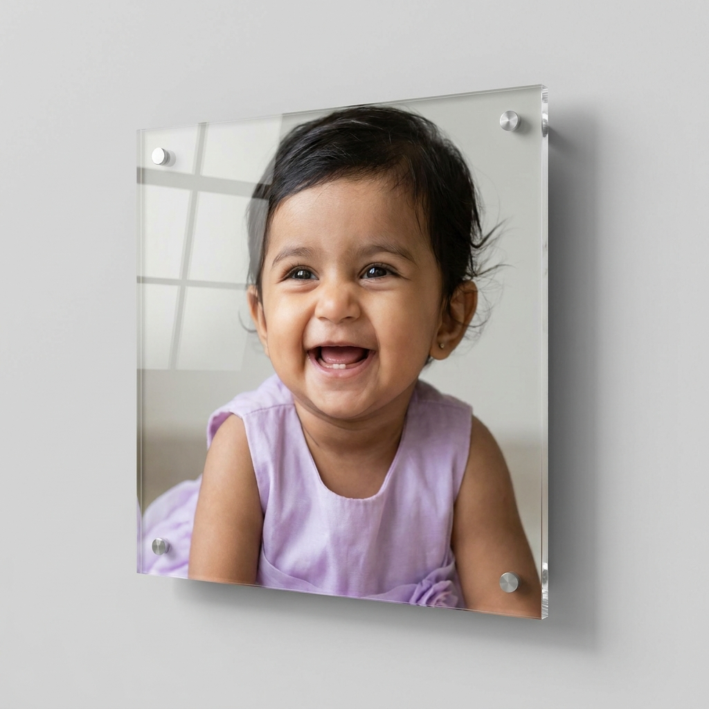 Square acrylic photo frame printed with a laughing Indian baby