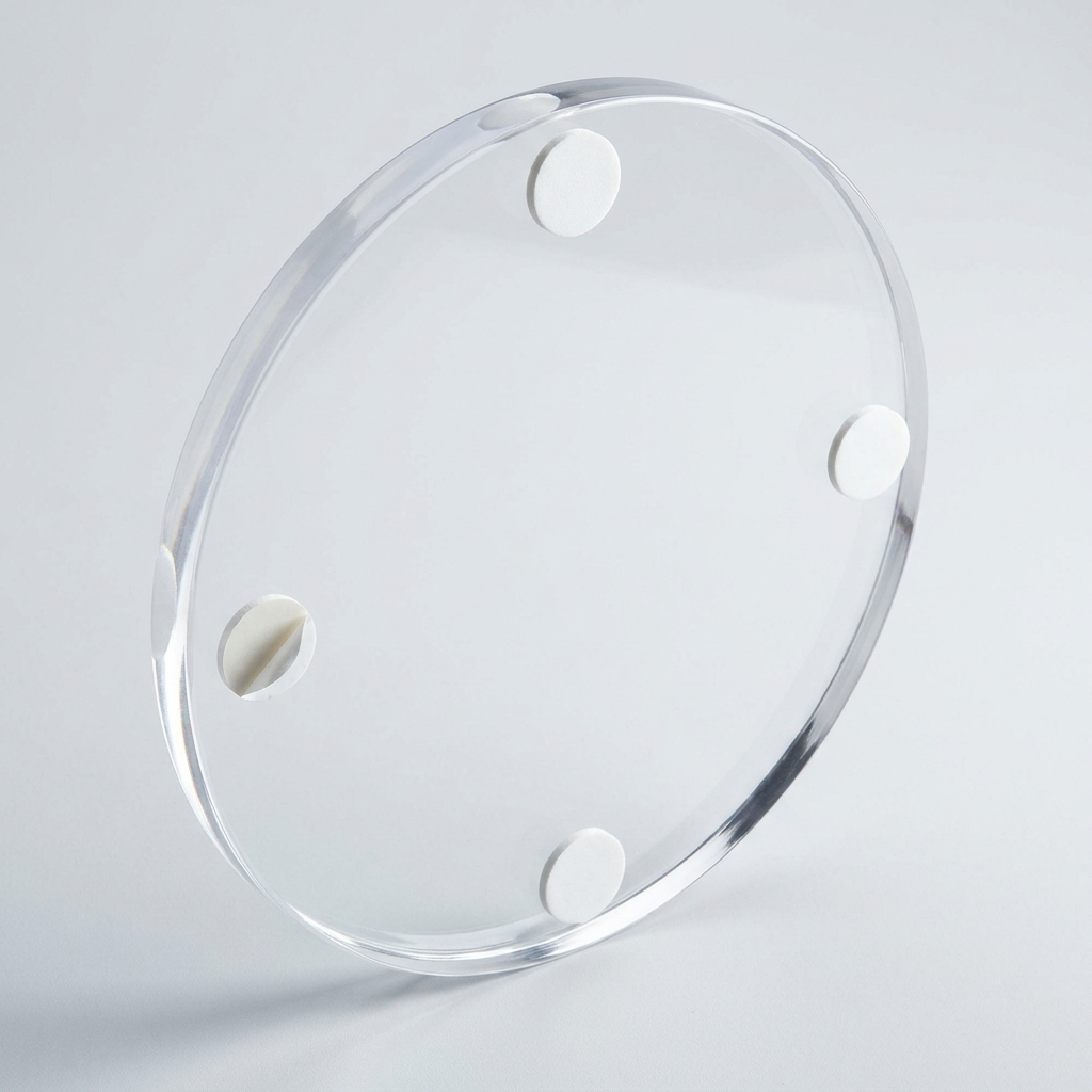 Reverse of a circular acrylic disc with round adhesive pads around the rim