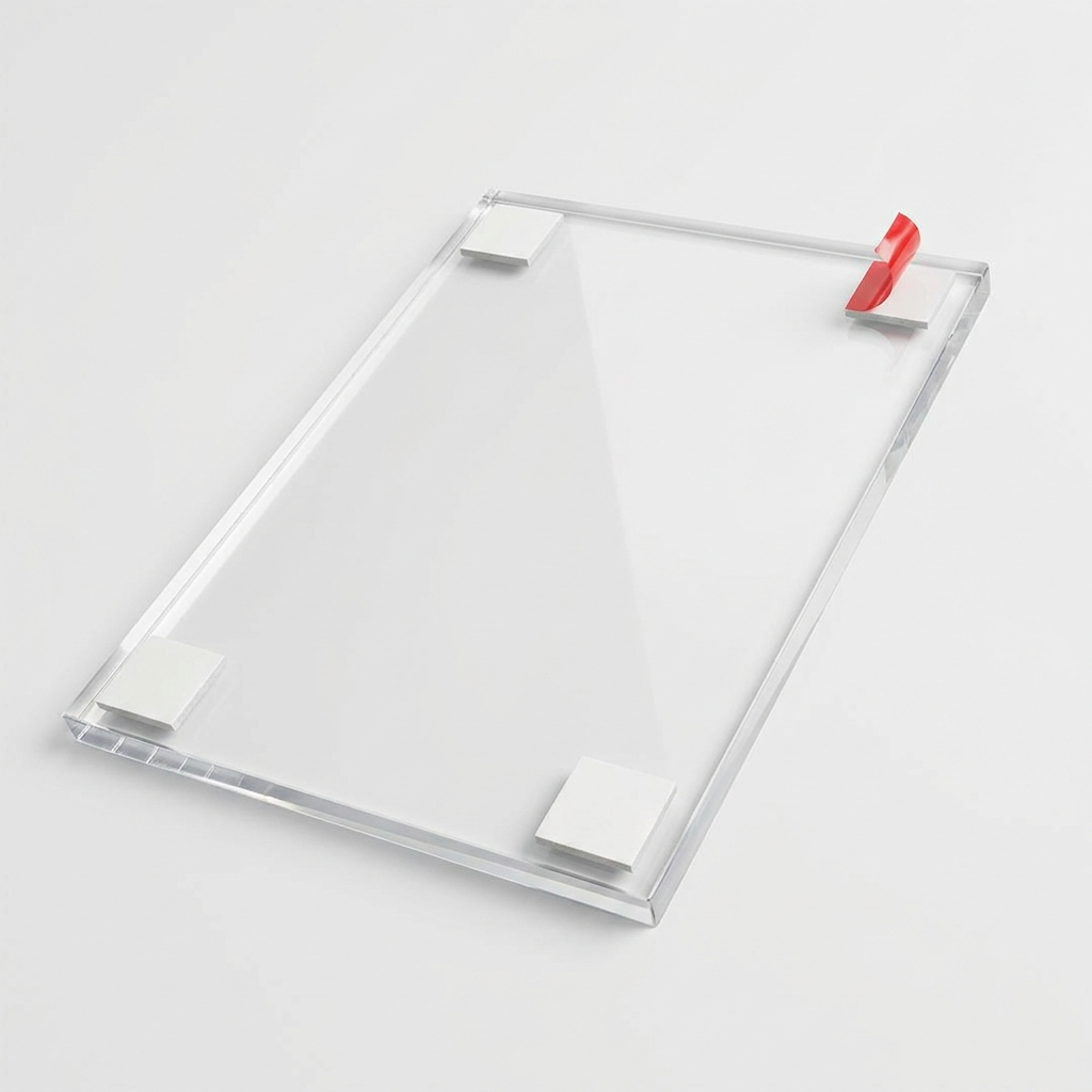 Reverse of the acrylic panel with double-sided adhesive mounting tape pads