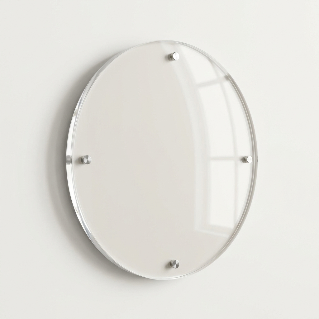 Glossy circular acrylic photo panel on polished standoff studs