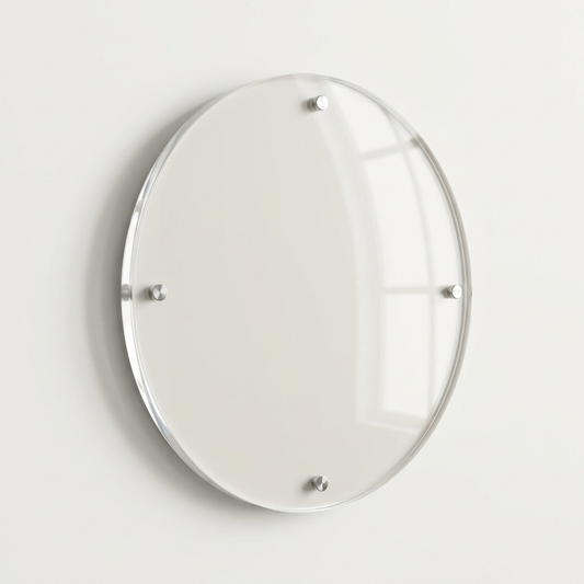 Glossy circular acrylic photo panel on polished standoff studs
