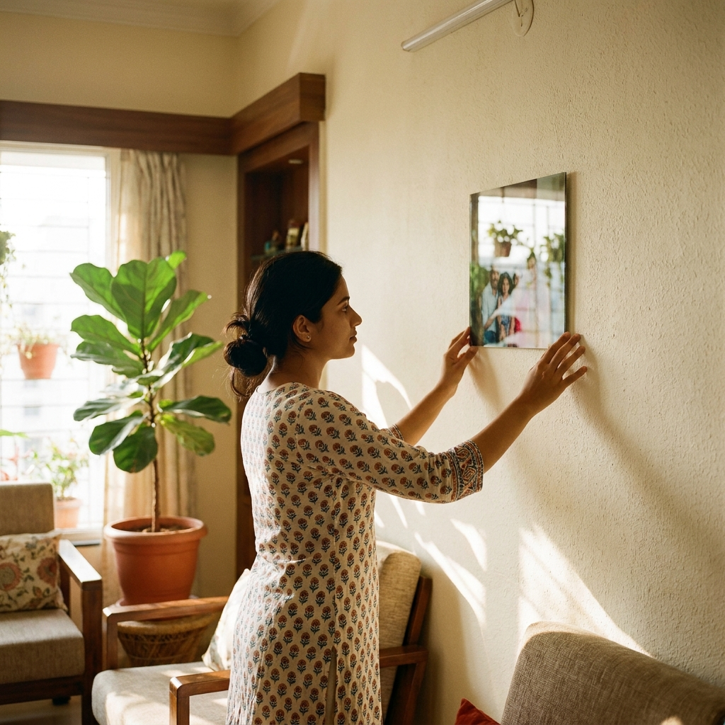 A glossy acrylic photo panel being mounted on a wall in an Indian home