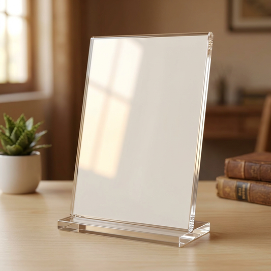 Glossy acrylic photo panel in a clear desk base