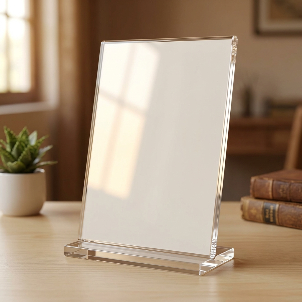 Acrylic photo stand on a desk printed with a portrait of a young Indian man — blank panel, showing the acrylic itself