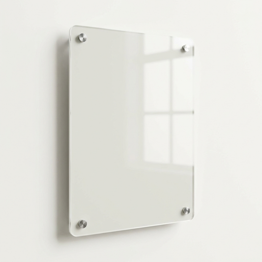 Glossy rounded-rectangle acrylic photo panel on steel standoff studs