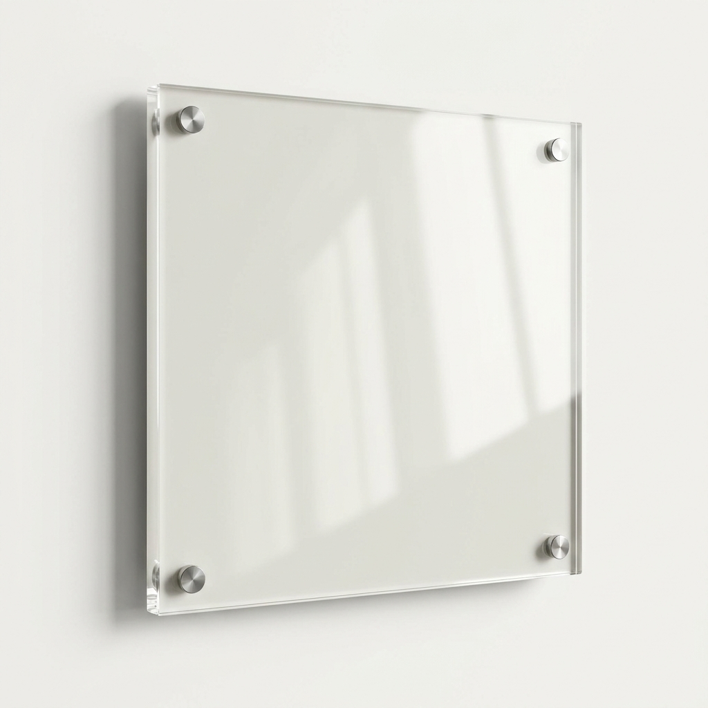 Glossy square acrylic photo panel on steel standoff studs