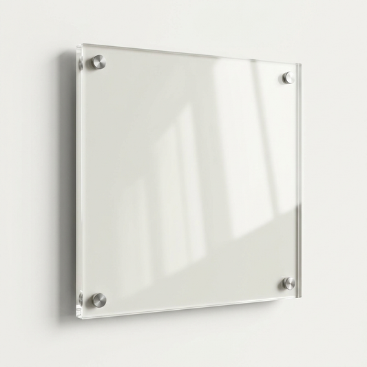 Glossy square acrylic photo panel on steel standoff studs
