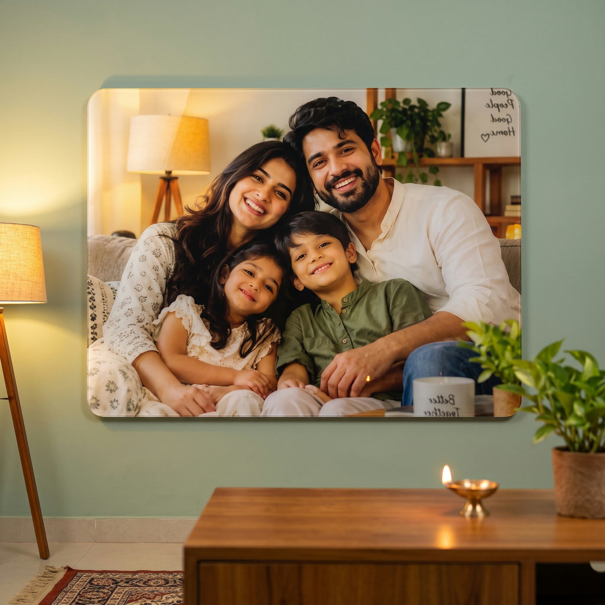 A3 UV printed acrylic photo frame on a living room wall in warm evening light