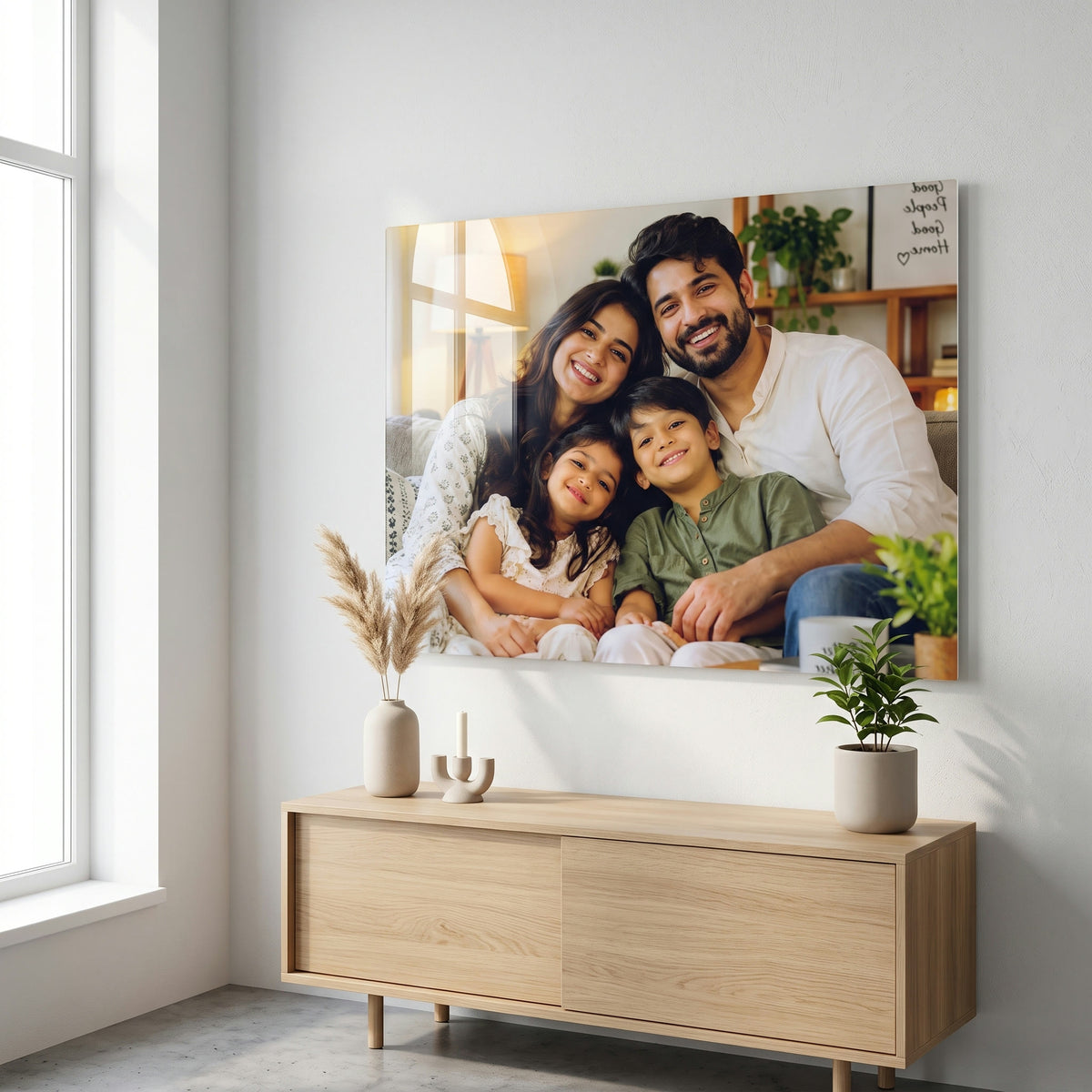 A3 acrylic photo frame on a white wall in a bright modern apartment