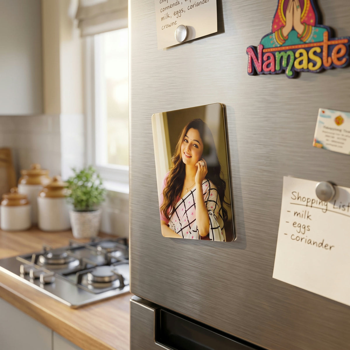Acrylic UV printed fridge magnet on a stainless steel fridge door