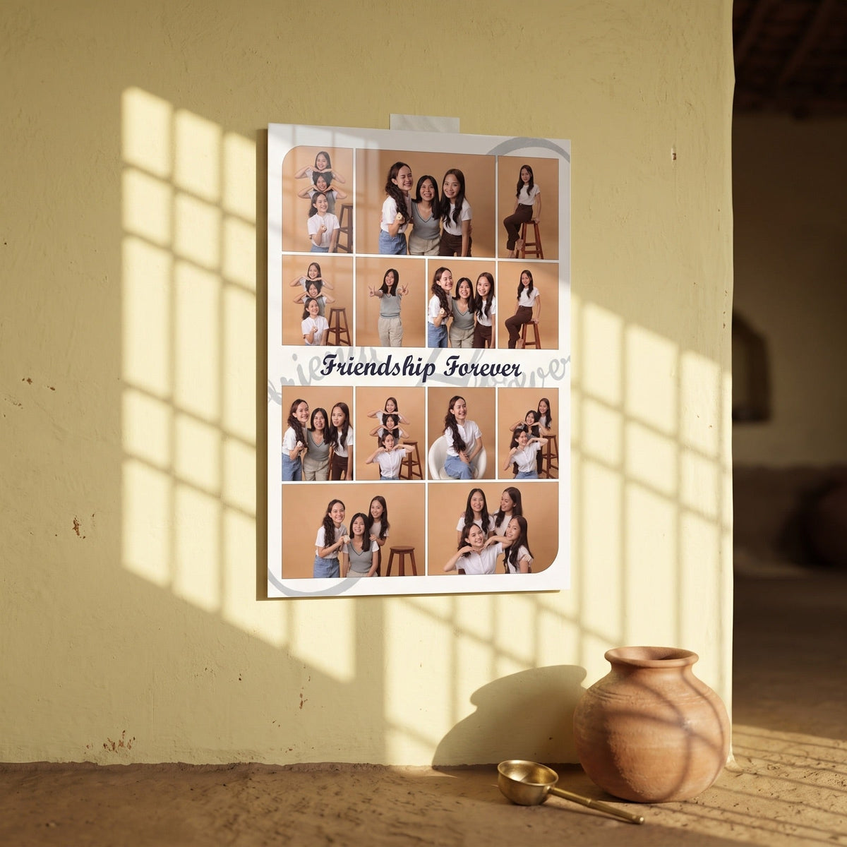 Friends Memories Collage Frame — 8 Photos printed on a glossy acrylic photo frame, mounted on a wall at home