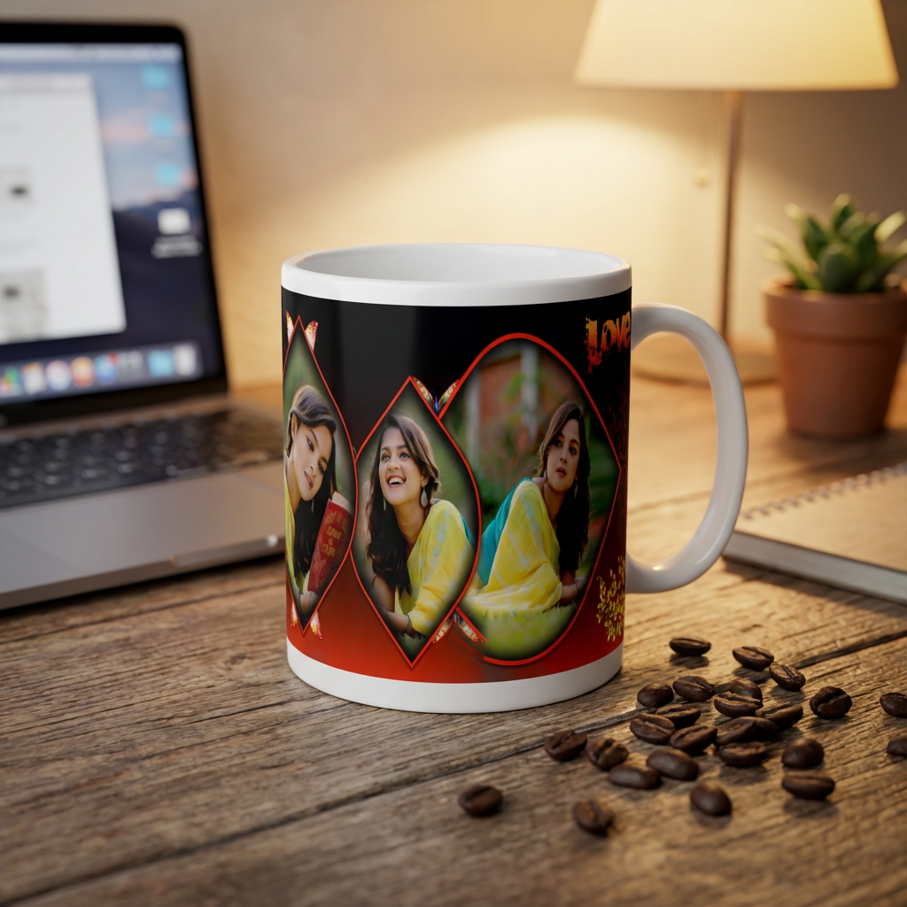 Crimson Geometric Love – Custom Photo Print Ceramic Mug (11oz) - 3 Photo Personalized Gift