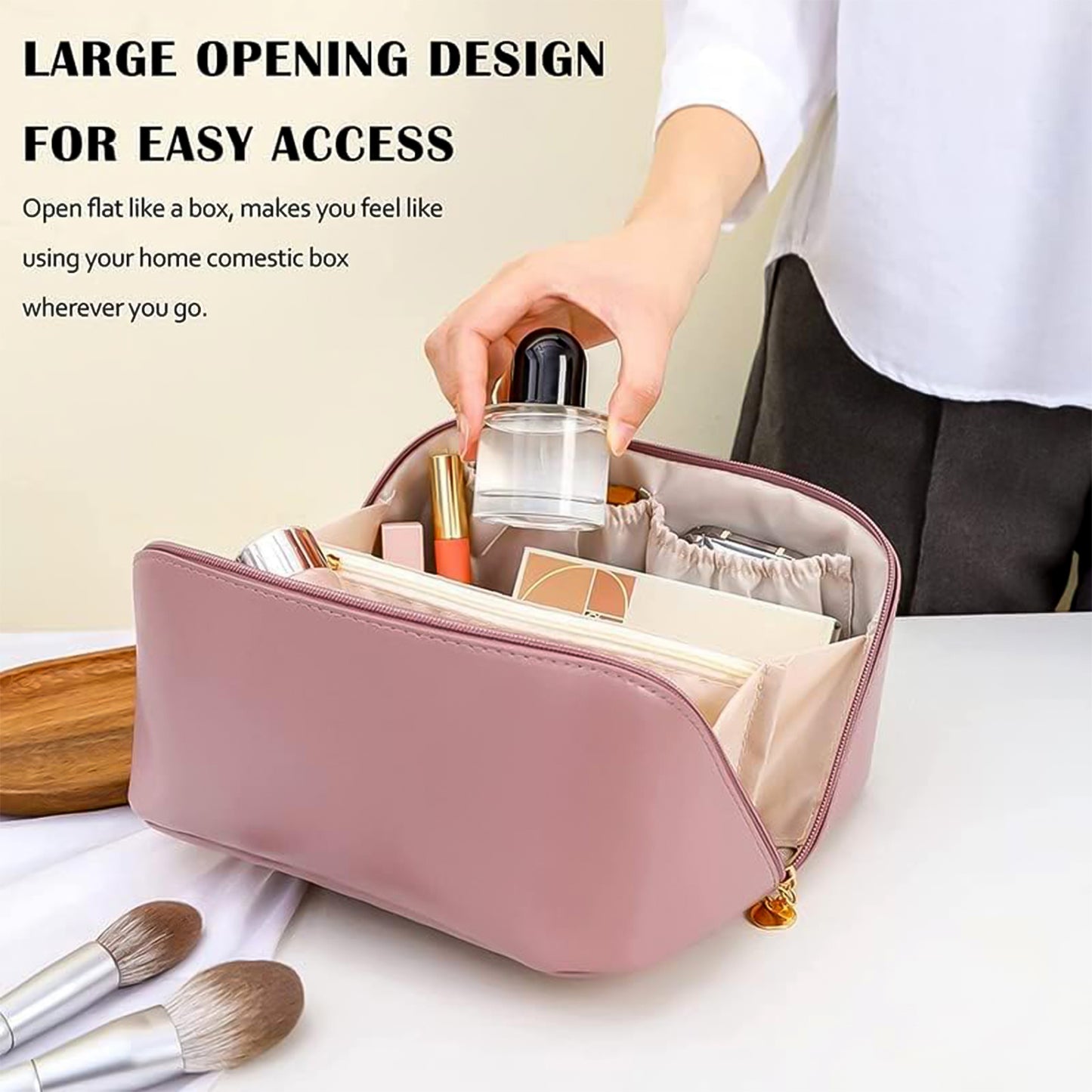 Premium Peach Travel Makeup  Toiletry Organizer Pouch With Zipper  Handle (1 Pc) - Happy Price - Image 5