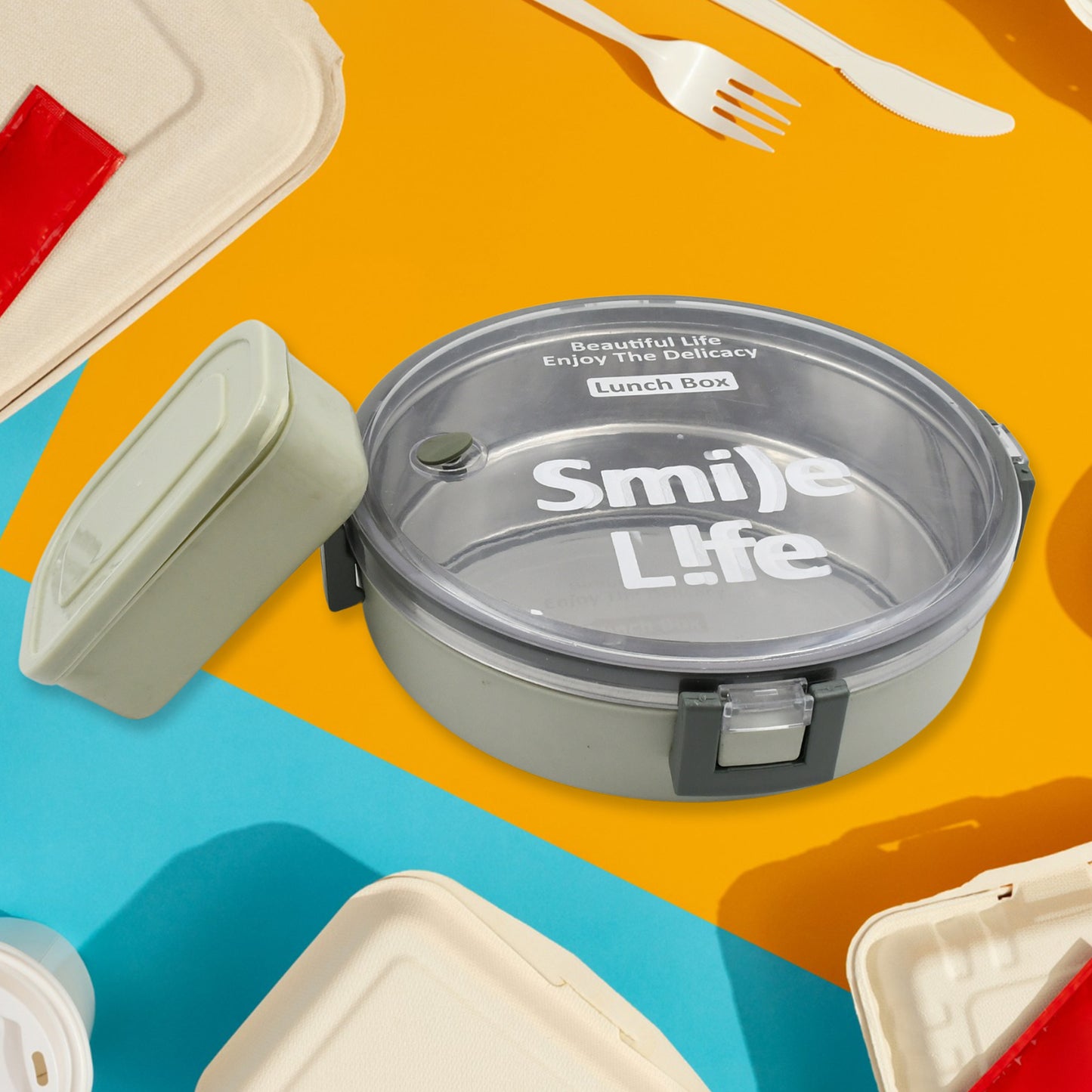 Miracle Stainless Steel Round Lunch Box With Small Plastic Box Insert Leak Proof Lunch Box With Transparent Lid Lunch Box For Kids  Adults For School Office (450 Ml + 250 Ml Approx) - Happy Price - Image 3