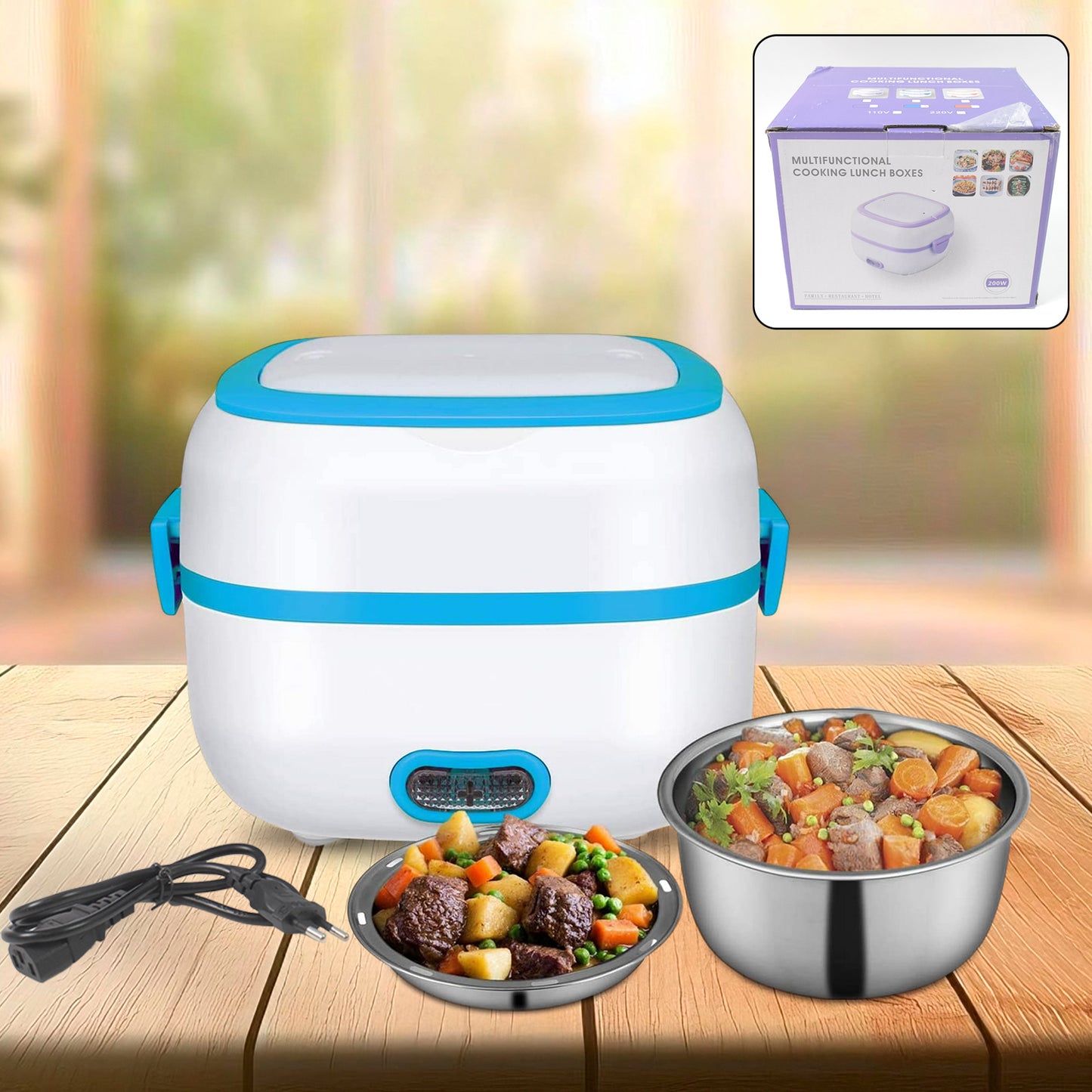 Electric Lunch Box 3 In 1 Food Heater  Cooker  Steamer With Stainless Steel Bowls (1 Set) - Happy Price - Image 2