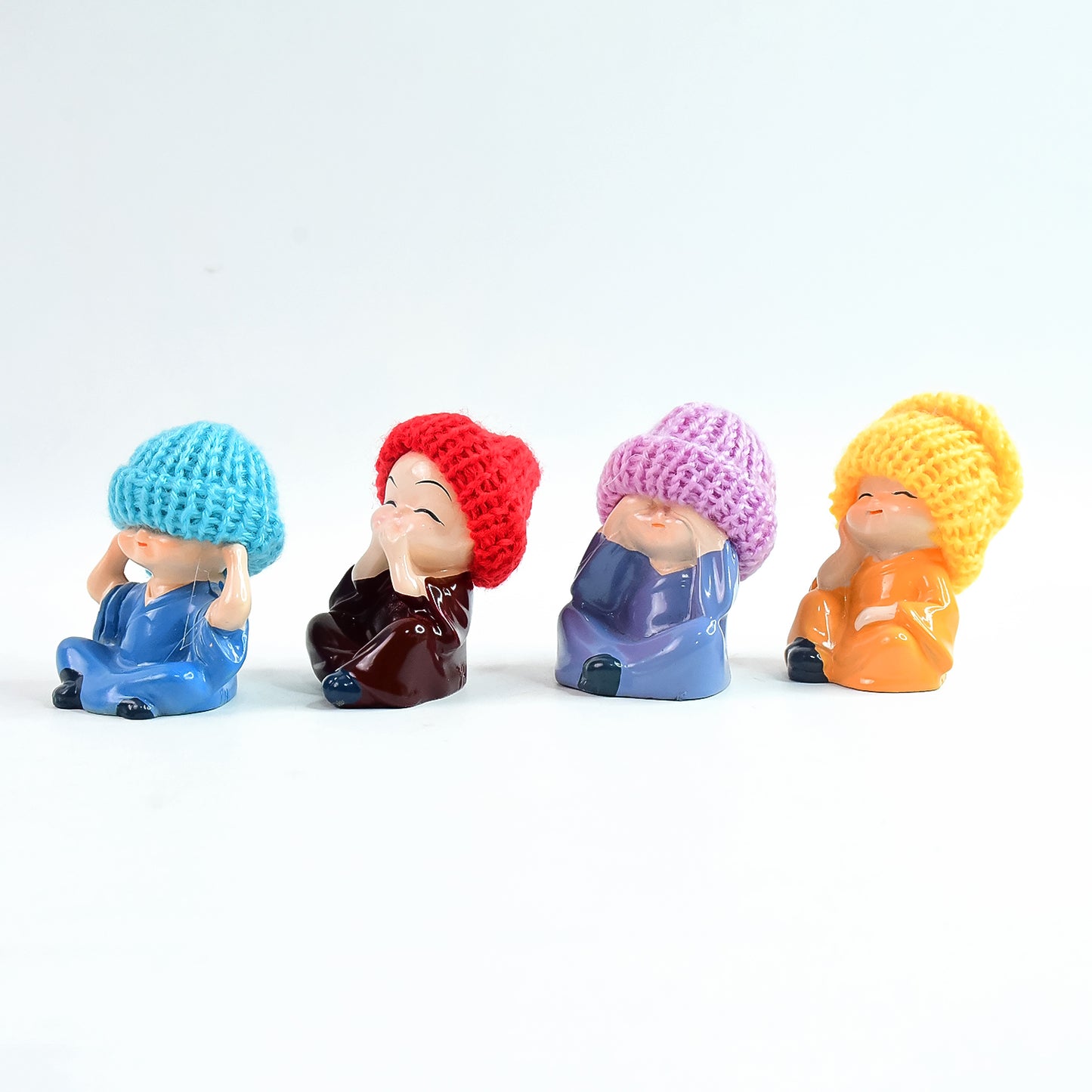 Set of 4 Resin Monk Buddha Figurines with Straw Hats - Spiritual Home Decor