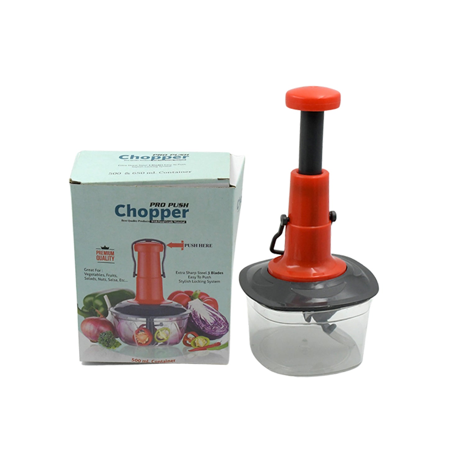 Manual Press Fruit  Vegetable Chopper With 3 Stainless Steel Blades Anti-slip Base And Locking System Cutting Chopper For Kitchen (650 Ml) - Happy Price - Image 4