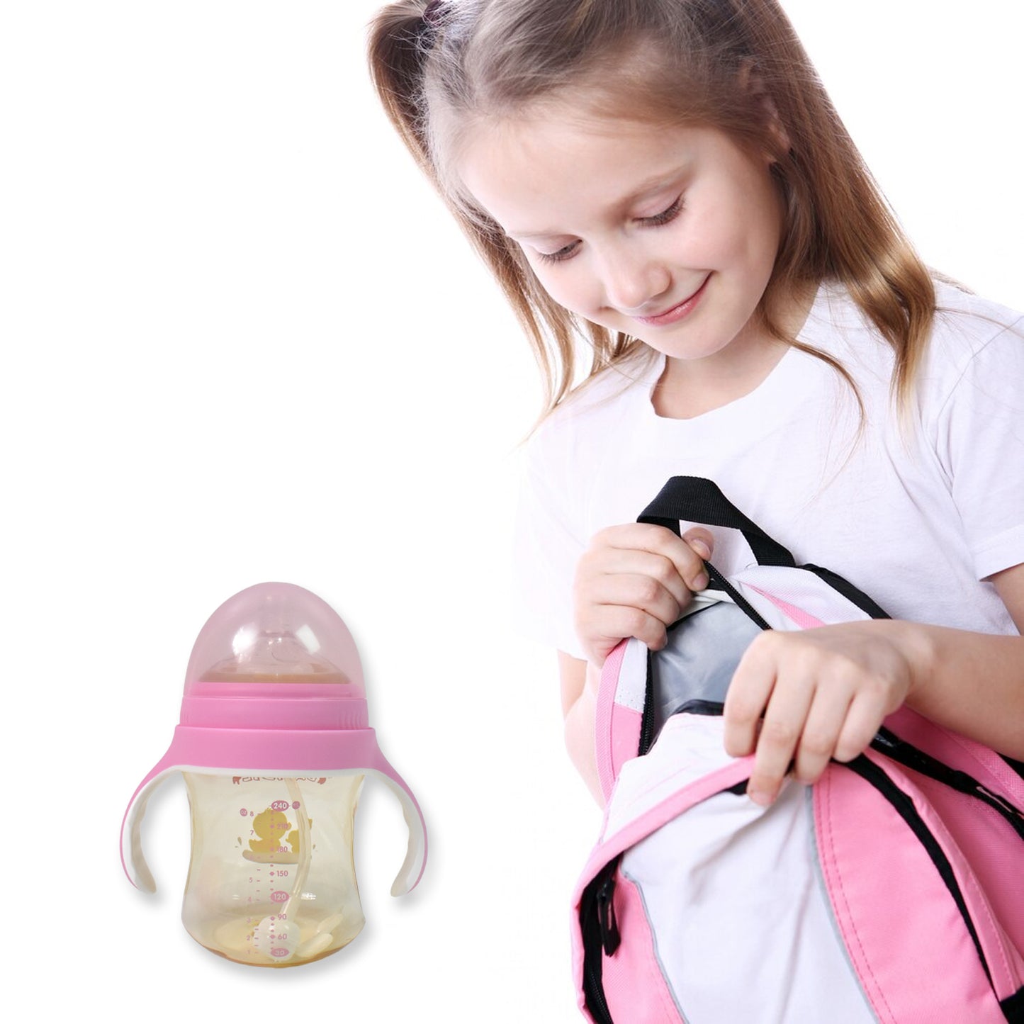 Plastic Baby Feeding Bottle With Handles Cleaning Brush  Straw (240 Ml  1 Pc) - Happy Price - Image 4