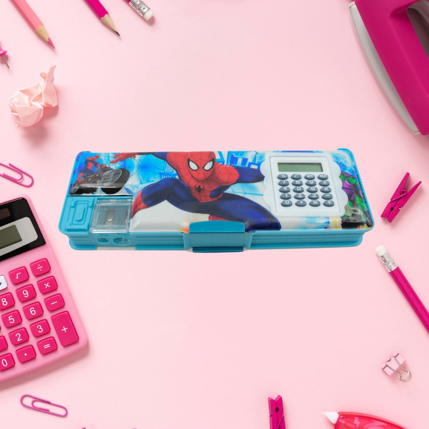 Art  Stationery Cartoon Multi-functional Geometry Box For Boys With Inbuilt Calculator 2 Sides Open And Double Sharpener Stationery Kit Pencil Box For Boys Art Plastic Pencil Box  For Girls And Boys - Happy Price - Image 6