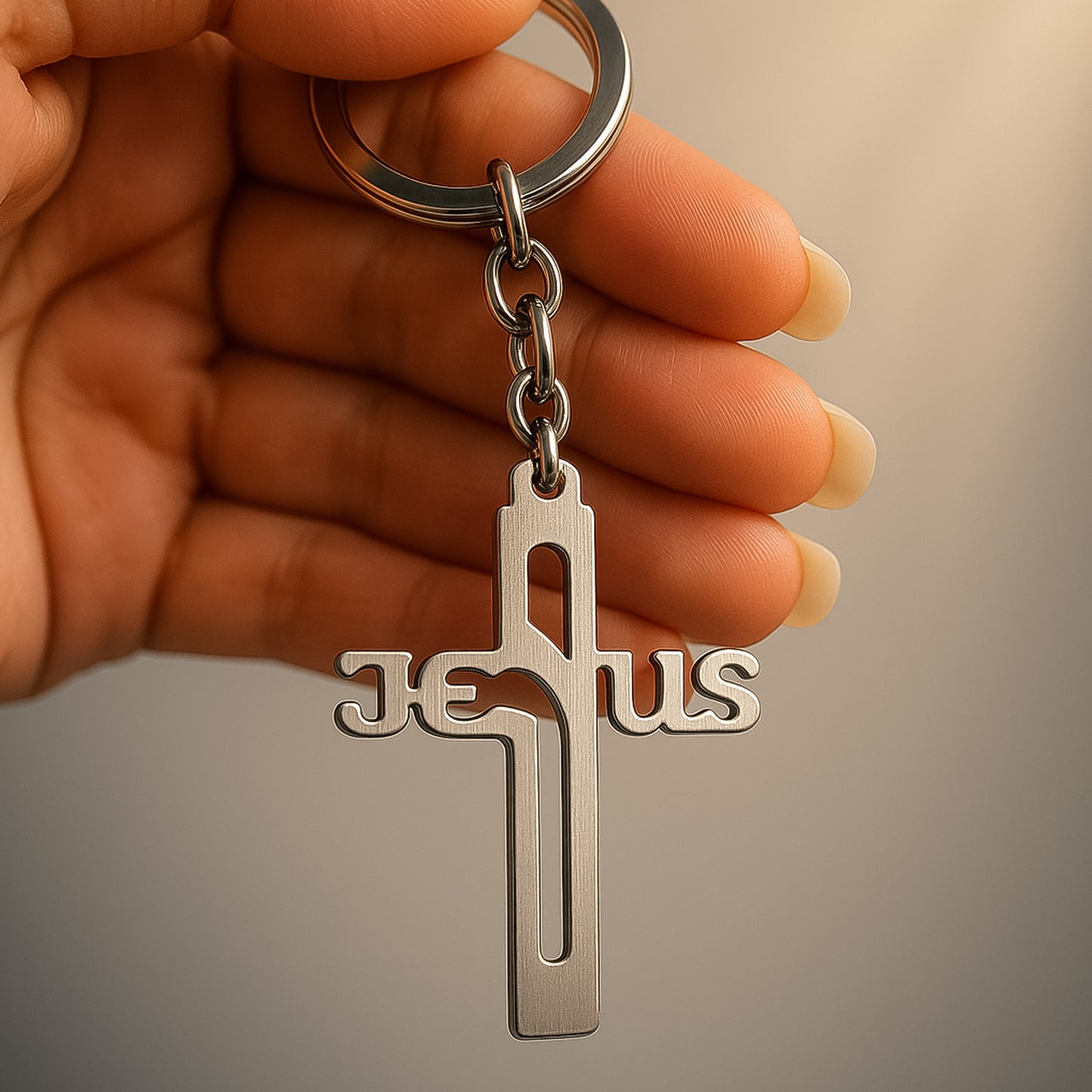 Metal Cross Keychain with Gujarati Jesus Script - Faith Key Ring