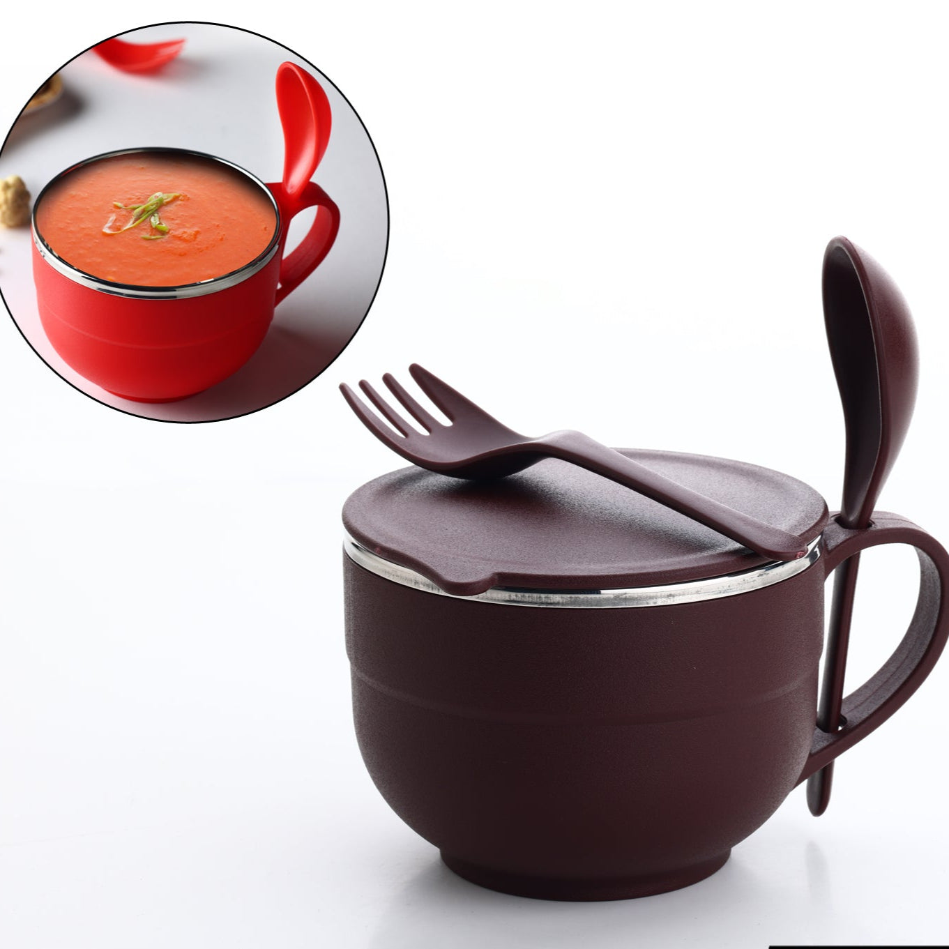 Noodles  Soup Bowl With Spoon And Fork Handle Spoon Holder Stainless Steel Bowl And Spoon Set Stainless Steel Storage - Happy Price - Image 1