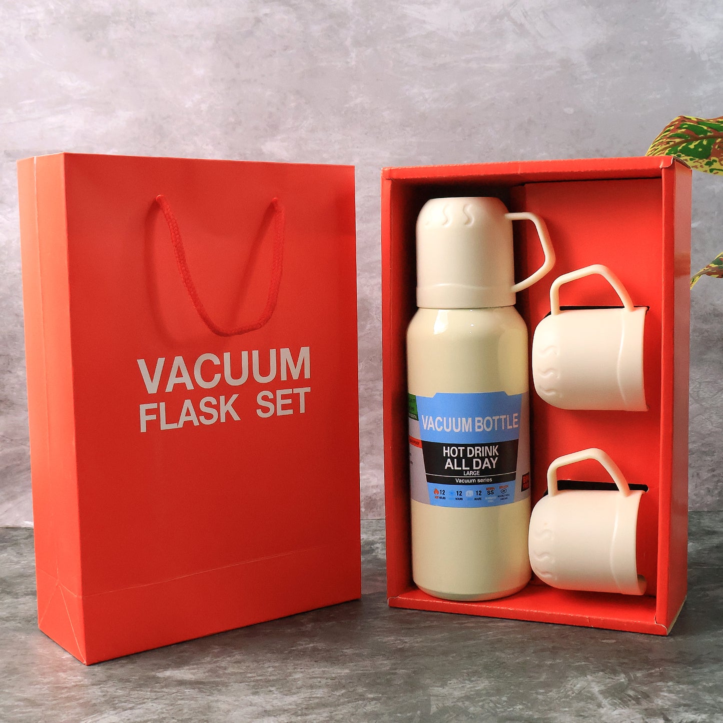 White Stainless Steel Vacuum Flask Set with 3 Cups - 500ml Capacity