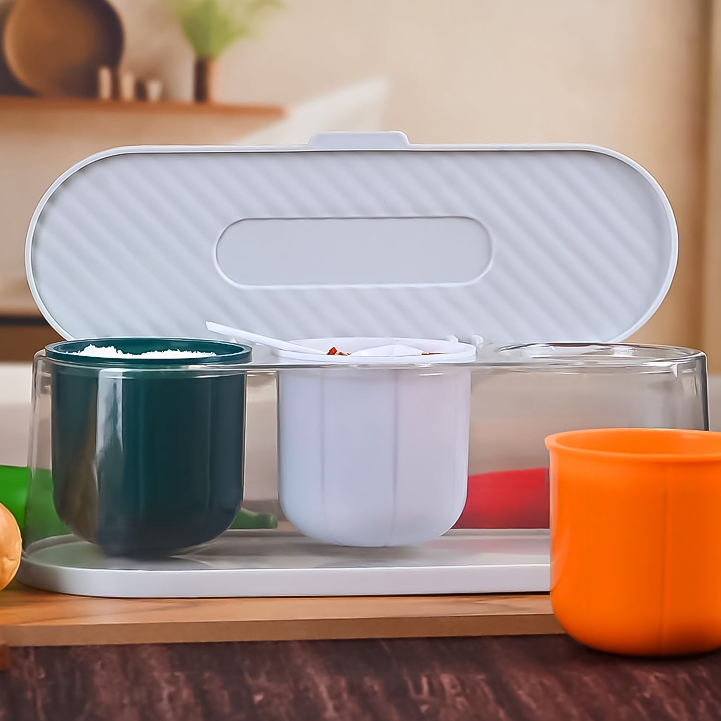 Home Kitchen 3 Grid Seasoning Spice  Masala Box Kit With Spoon (Multicolor  1 Set) - Happy Price - Image 5
