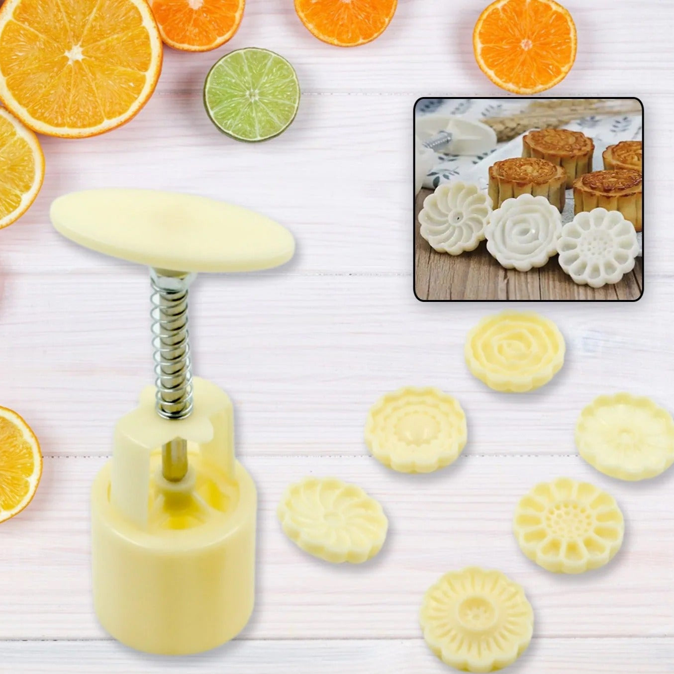 Mooncake Mold Set with 6 Flower Stamps - DIY Dessert Press - Happy Price - Image 1
