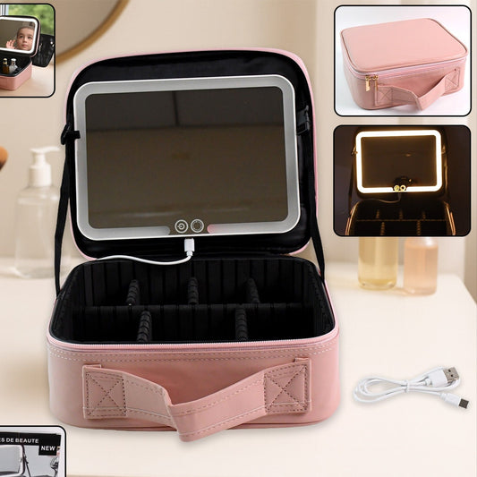 Pink LED Light Makeup Organizer Box with Touch Mirror & USB Charging (1 Pc)