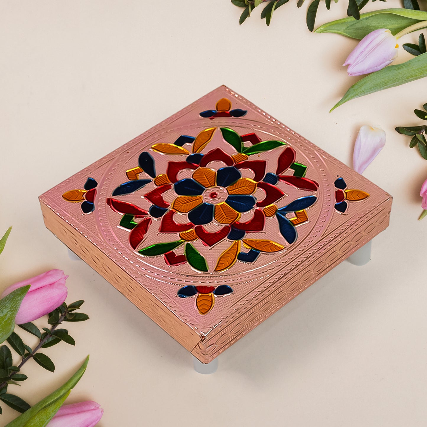 Handicraft Meenakari Wooden Chowki Puja Bajot For Home  Office Decor For Puja Multicolour (1 Pc Set) - Happy Price - Image 5