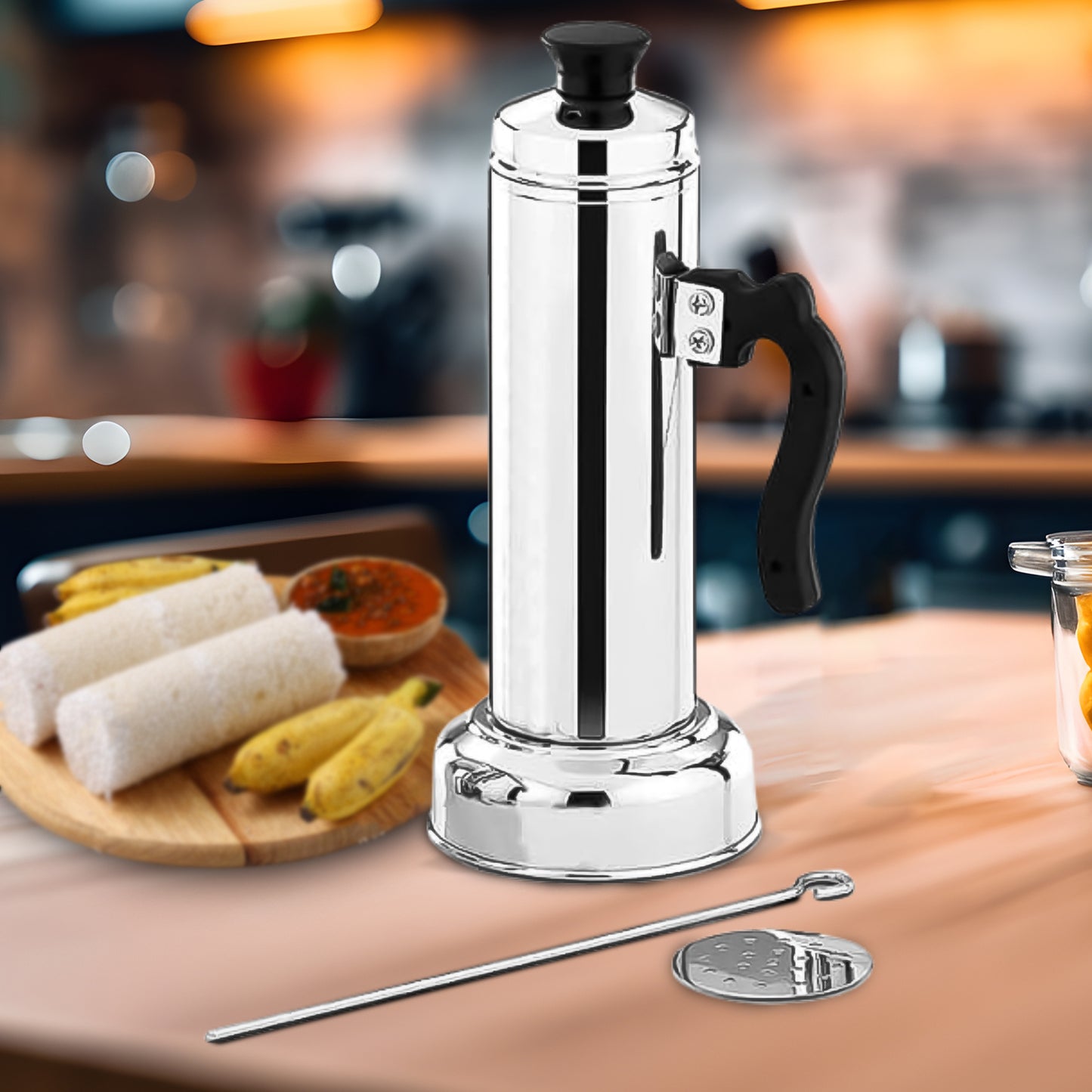 Puttu Maker With Steamer Plate Metal Stick Black Plastic Handle Silver Lid  Puttu Maker Set  To Use With Pressure Cooker Top Food Grade Stainless Steel - Happy Price - Image 6