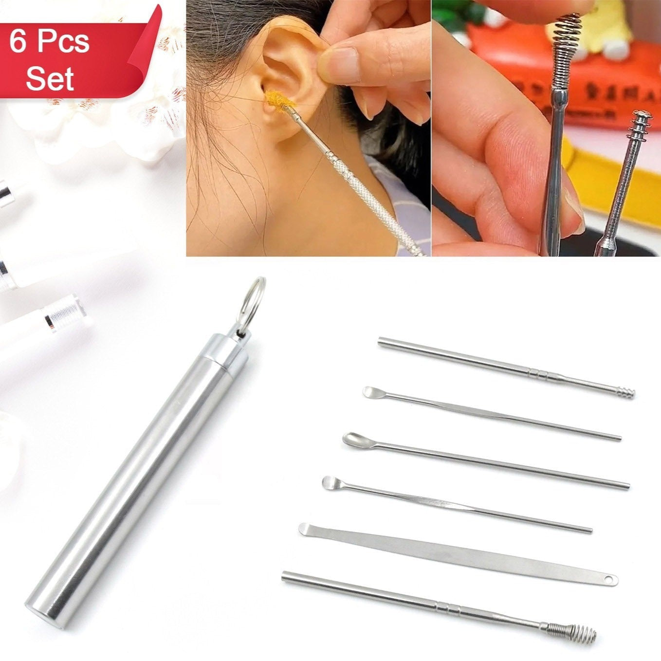 6pcs Ear Wax Removal Kit With Keychain Holder  Ear Cleansing Tool Set  Ear Curette Ear Wax Remover Tool For Outdoor Camping Travel Picnic (6 Pc) - Happy Price - Image 1