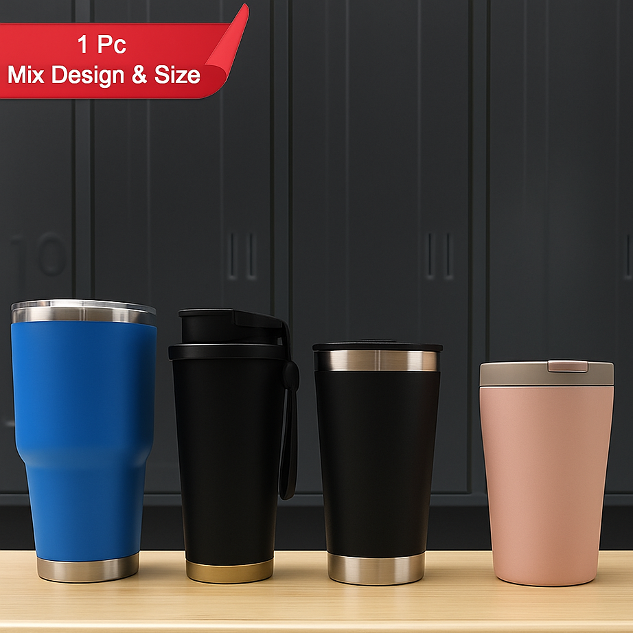Premium Assorted Metal And Plastic Travel Mug Tumbler Cup (1 Pc  Mixed Design) - Happy Price - Image 1