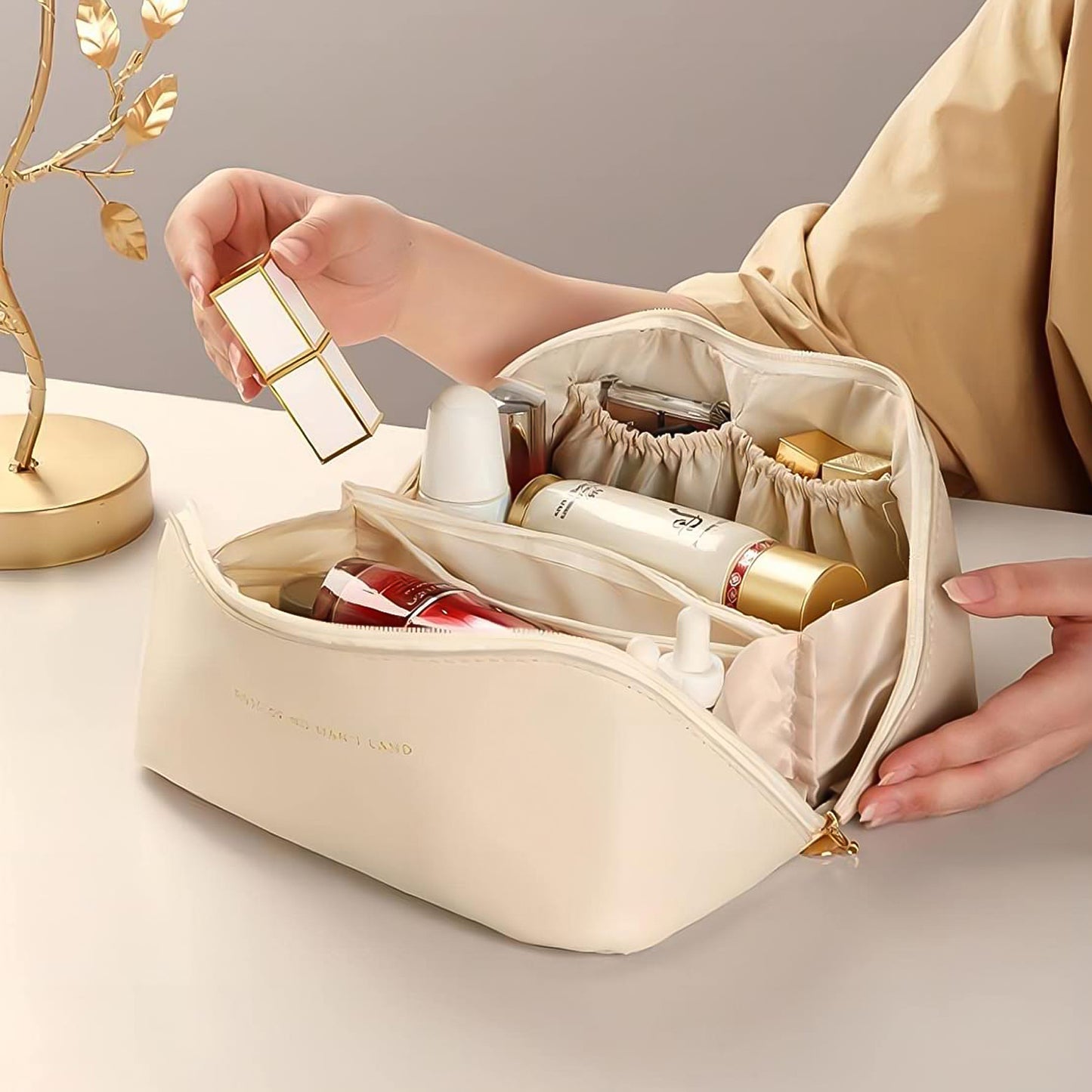 Premium Cream Travel Makeup  Toiletry Organizer Pouch With Zipper  Handle (1 Pc) - Happy Price - Image 5