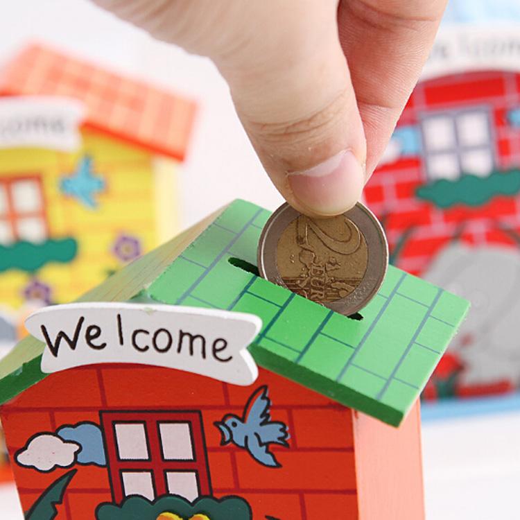 Cute Cartoon House Shaped Lovely Wooden Piggy Bank Money Bank - Happy Price - Image 2