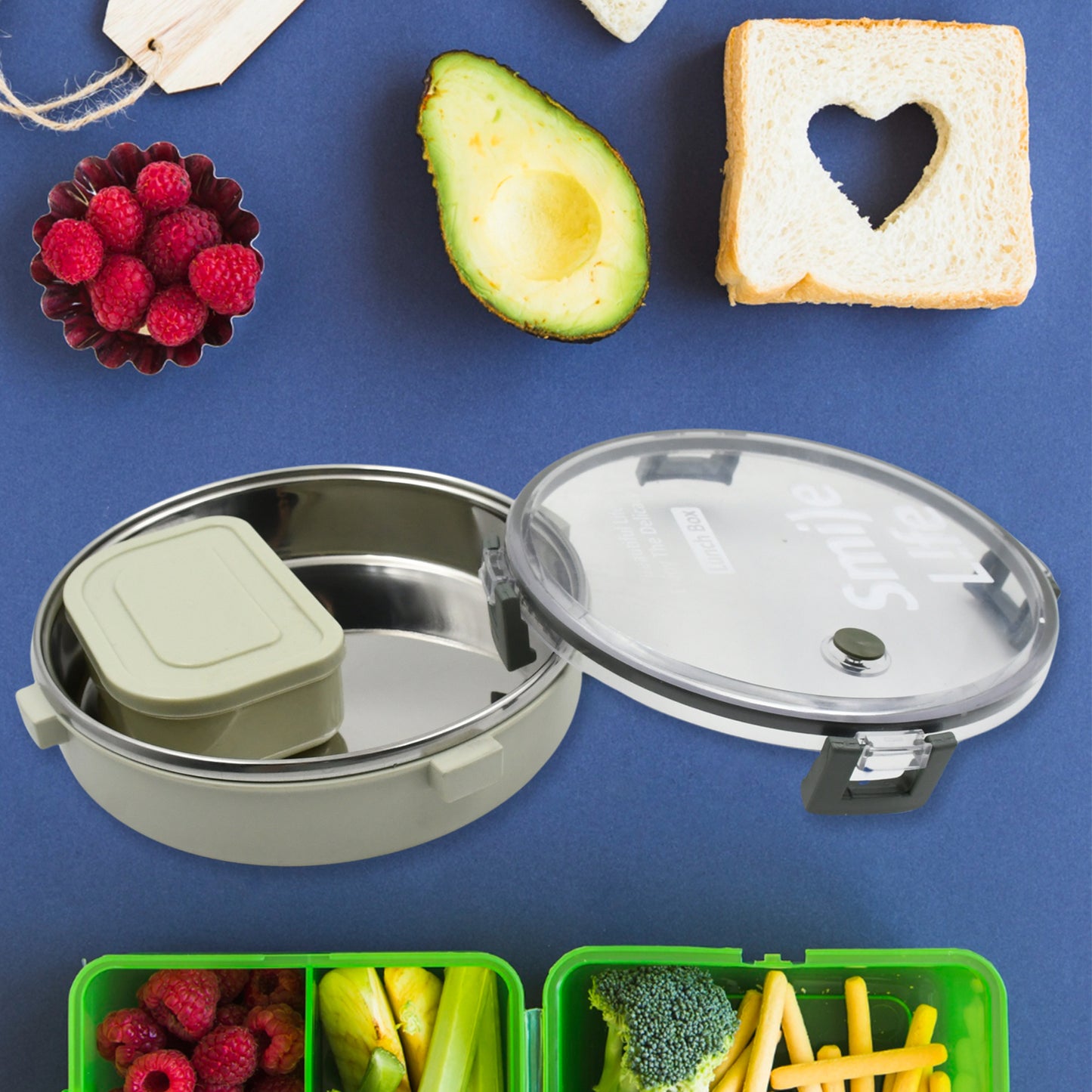 Miracle Stainless Steel Round Lunch Box With Small Plastic Box Insert Leak Proof Lunch Box With Transparent Lid Lunch Box For Kids  Adults For School Office (450 Ml + 250 Ml Approx) - Happy Price - Image 6