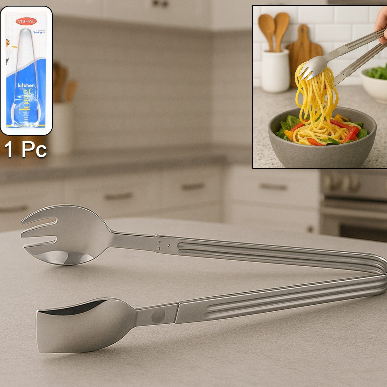Stainless Steel Serving Tongs - 2-in-1 Pasta & Salad Spoon-Fork Tong (1 Pc)