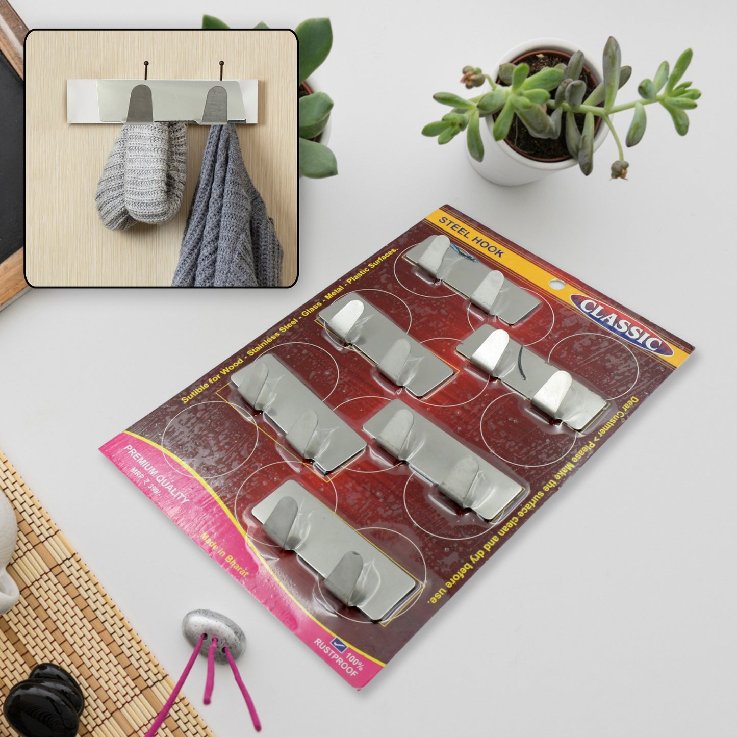Multipurpose  Stainless Steel Self Adhesive Wall Hanging Hooks Sticker Hooksuitable For Wall Paper Calender Bathroom Tiles Kitchen Key Hange And Etc Double Hook (6 Pc Set) - Happy Price - Image 2