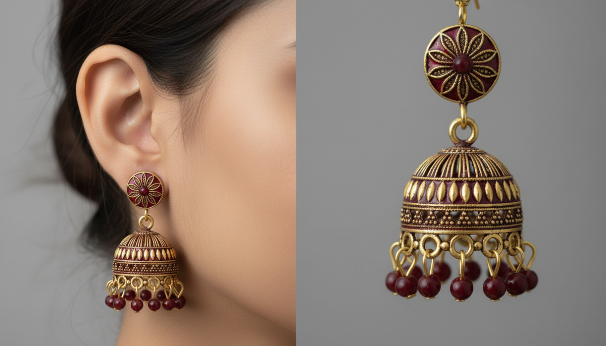 6-Pair Mini Jhumki Earrings Combo – Gold-Toned Enamel Dome Earrings with Bead Danglers