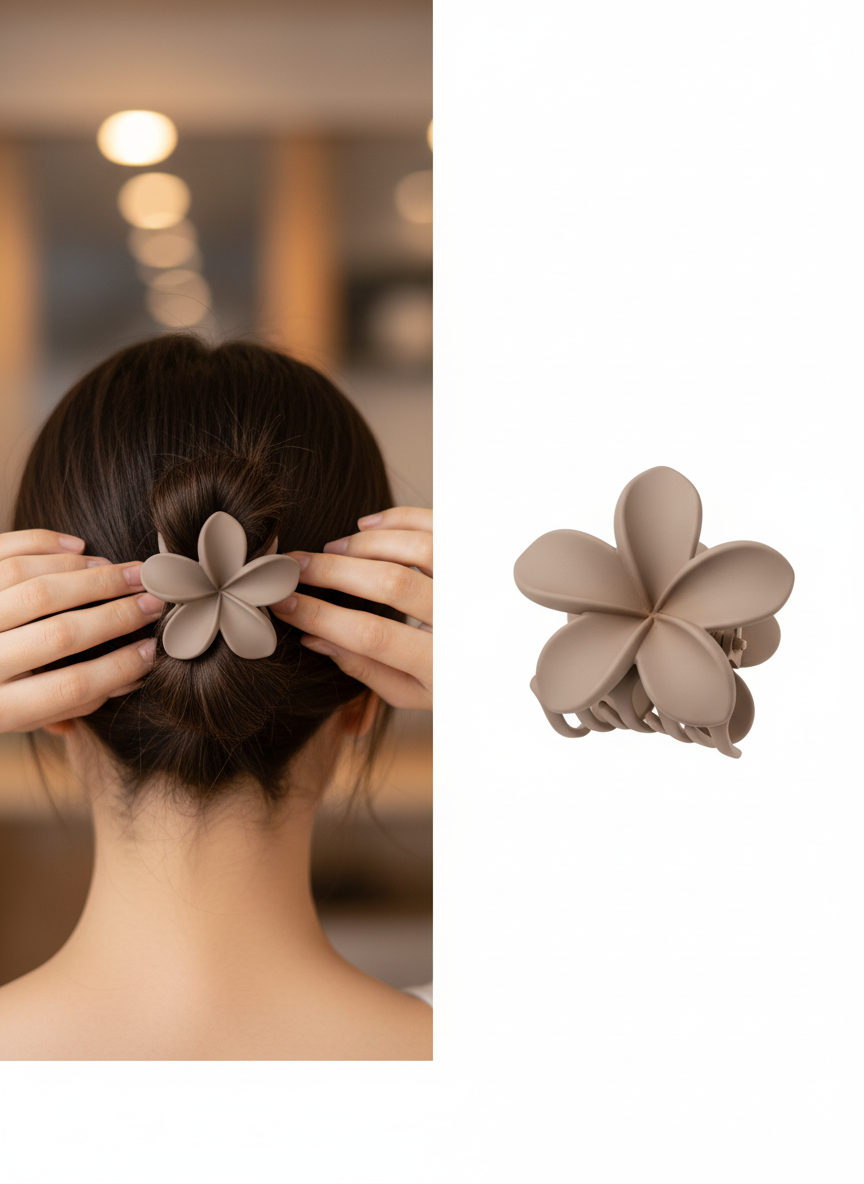 Matte Flower Hair Claw Clips – Set of 4 (Ivory Daisy, Mocha Plumeria, Noir Bloom, Dusty Blue Blossom)