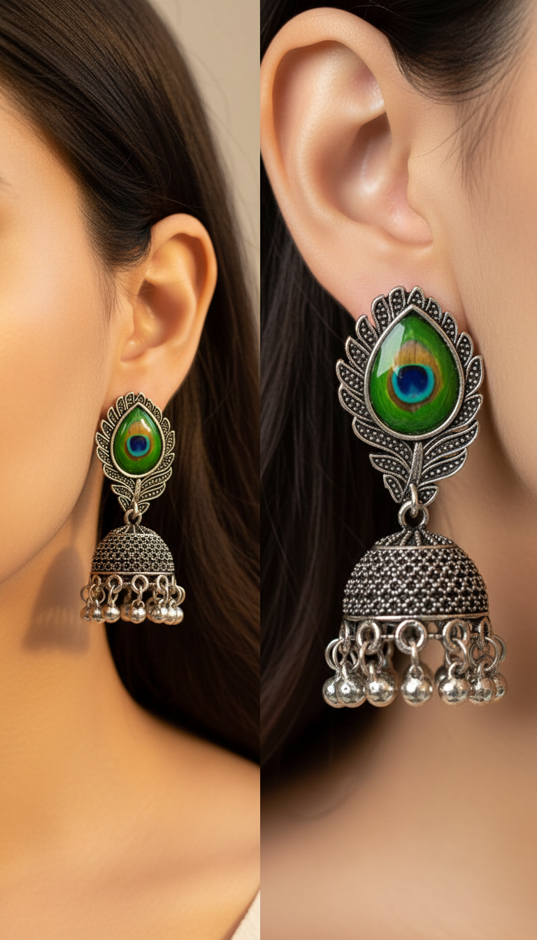 Peacock Feather Oxidized Silver Jhumka Earrings – Combo of 4