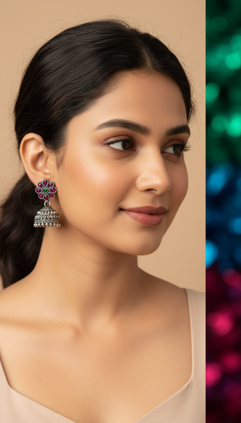 4-in-1 Oxidized Silver Jhumki Earrings Combo - Ethnic Stone-Studded Danglers