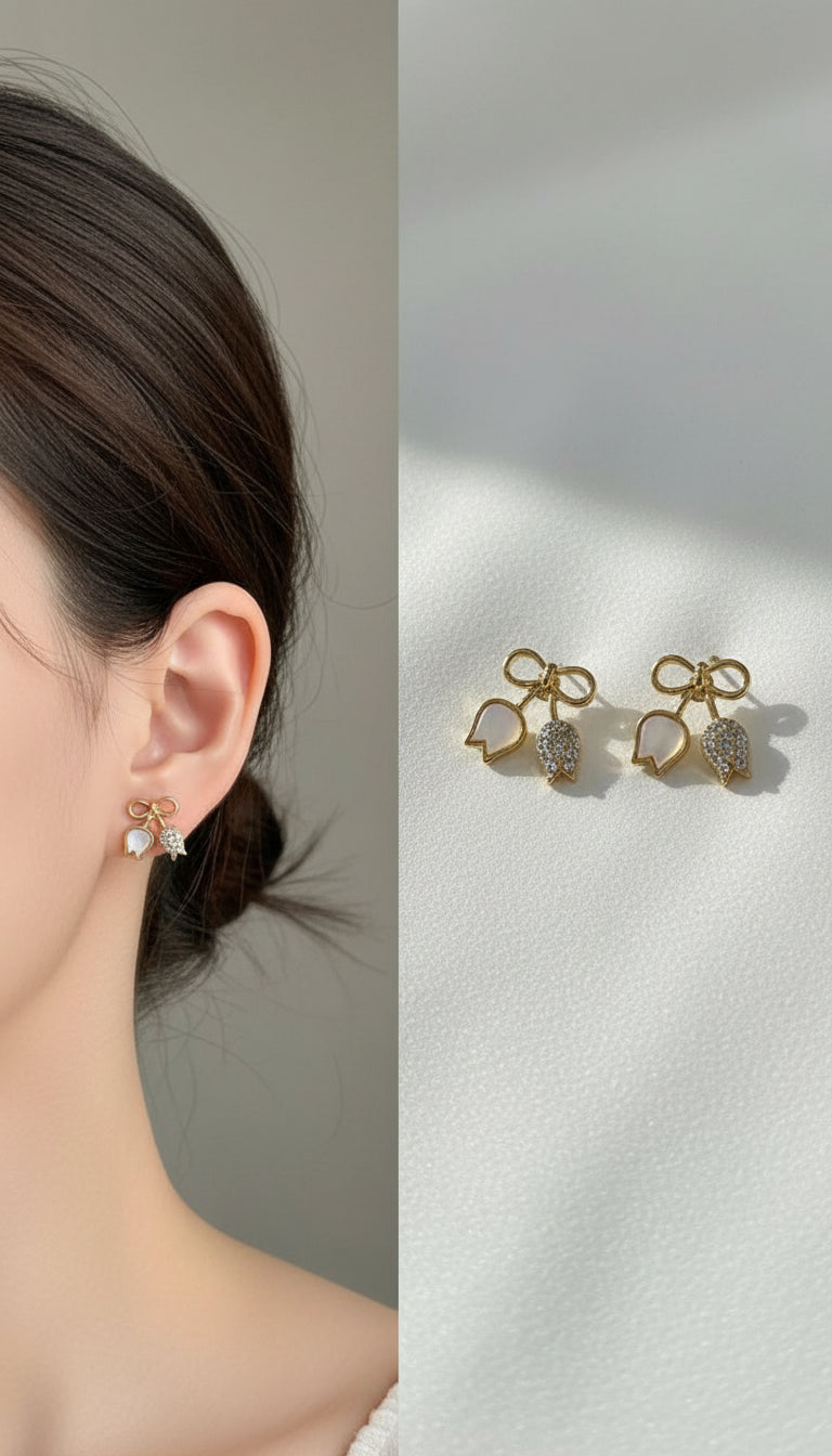 Bow Tulip Drop & Butterfly Stud Earrings - Combo of 2 Pairs