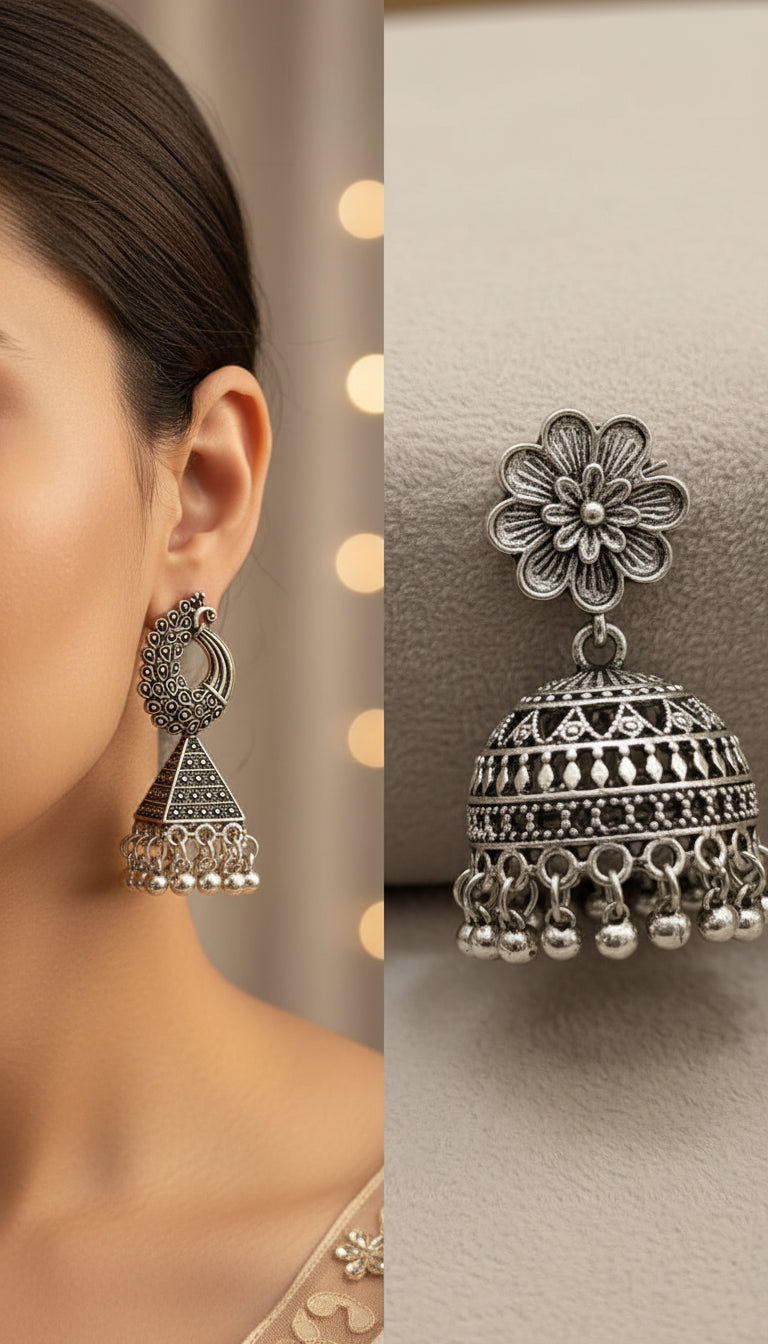 Oxidized Silver Jhumka Earrings Combo – Set of 6 Traditional Ethnic Danglers