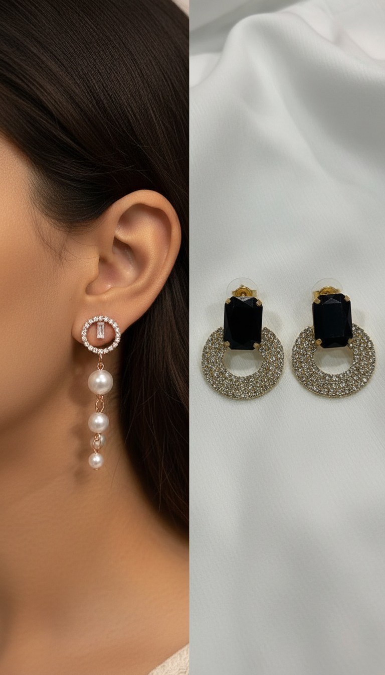 4-Pair Earring Combo – Tassel, Pearl Drop, Crystal Halo & Rhinestone Hoop Studs