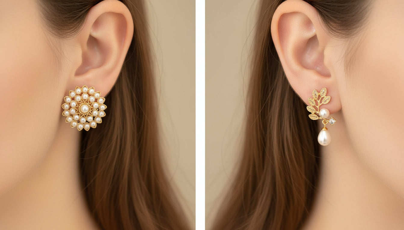 Pearl Blossom & Gold Leaf Stud Earrings Combo (Set of 2) | Gold-Toned Statement Studs