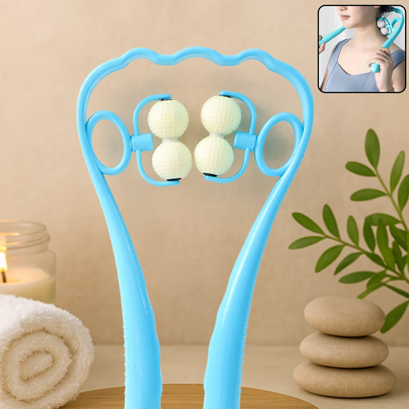 Dual Roller Neck & Shoulder Massager with 4 Balls - Manual Acupressure Tool
