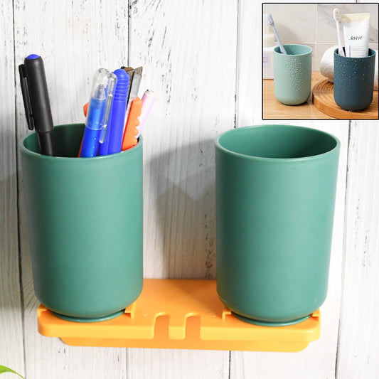Multipurpose Wall Mount Toothbrush Holder Plastic Stand With 2 Cup  (1 Set) - Happy Price - Image 1