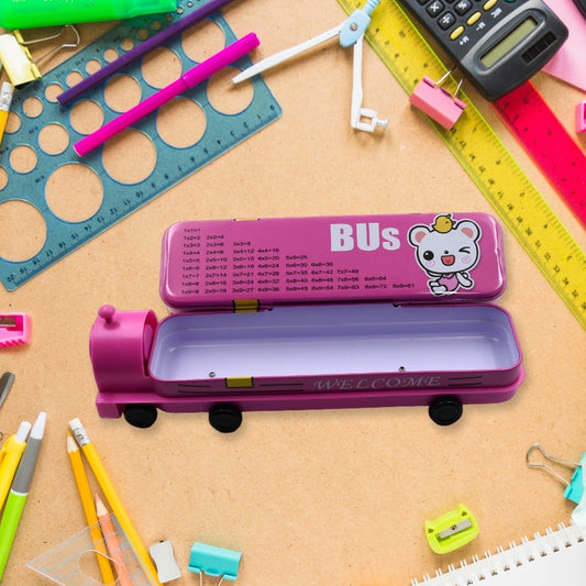 Double Decker Magic Bus Compass 2 Layer Metal Bus Compass Pencil Case With Movable Wheels  Sharpener Bus Shape With Tiers Metal Pencil Box For Kids Birthday Party - Happy Price - Image 1