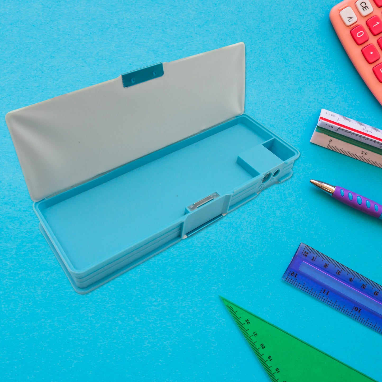 Art  Stationery Cartoon Multi-functional Geometry Box For Boys With Inbuilt Calculator 2 Sides Open And Double Sharpener Stationery Kit Pencil Box For Boys Art Plastic Pencil Box  For Girls And Boys - Happy Price - Image 5